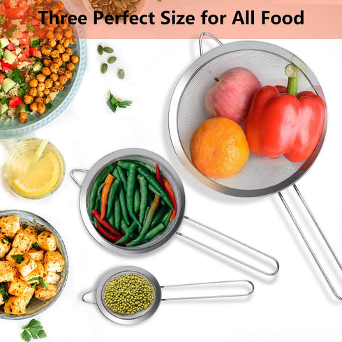 3Pcs Super Wire Extra Fine Mesh Strainer with Handle, Small Medium Large Size Sifter Metal Strainer Set, Stainless Steel Sieve Fine Mesh Strainers...