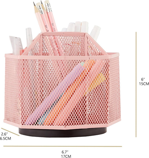 Annova Mesh Desk Organizer Rotate with 5 Compartments Spinning Tidy Candy/Pen Holder Office, Art Supply, Storage, Classroom, Home (Light Pink)...