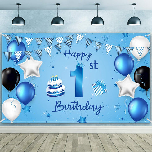 Happy 1st Birthday Backdrop Banner Blue Newborn Boys First Birthday Backdrop Photography Background for 1st Birthday Baby Shower Party Decorations...