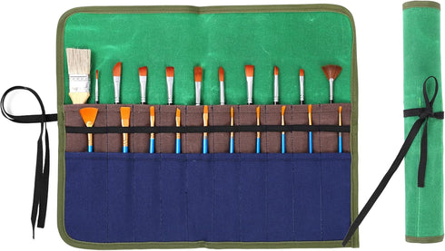 Paint Brush Roll Up Case, Heavy Duty 16oz Waxed Canvas Paintbrush Holder, 20 Pockets & Tie Rope Pencil Storage Roll - 17" W x 13" L - Green...