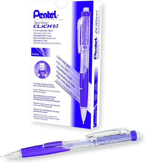 Pentel Twist Erase CLICK Mechanical Pencil, 0.7mm, Clear Barrel, Violet Grip, Box of 12 (PD277TV)...