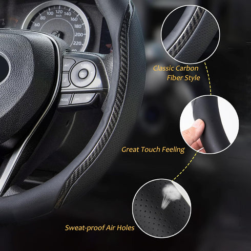 Car Steering Wheel Cover Black, 14-14.5 inch Steering Wheel Covers with Coasters Microfiber Leather Carbon Fiber Breathable Anti-Slip Durable Univ...