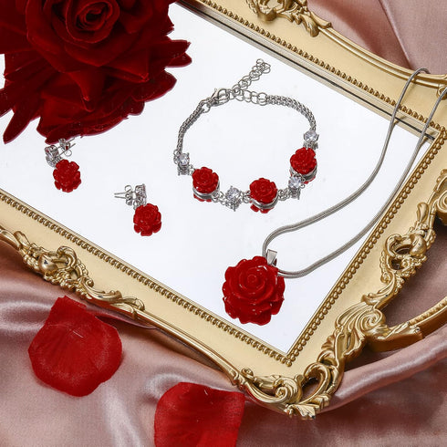 Fiada 1 Set Resin Rose Jewelry Red Necklaces with Diamond Flower Vintage Jewelry Dangle Necklace and Earring Sets for Women Rose Earrings Pendent ...