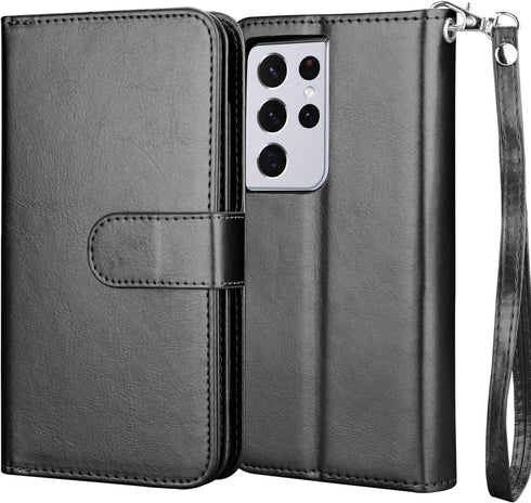 Njjex Wallet Case for Galaxy S21 5G - 9 Card Slots, PU Leather, Detachable Kickstand, Magnetic Cover & Lanyard - Black...