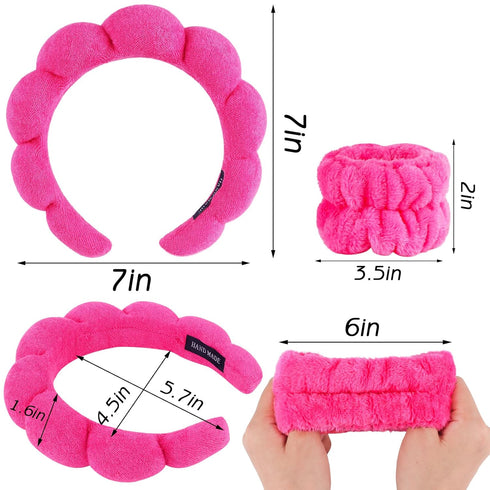 4Pcs Spa Headband for Washing Face Wristbands Set Women Bubble Skincare Makeup Sponge Terry Cloth Padded Puffy Headband Bow Tie Hairband Cute Non ...