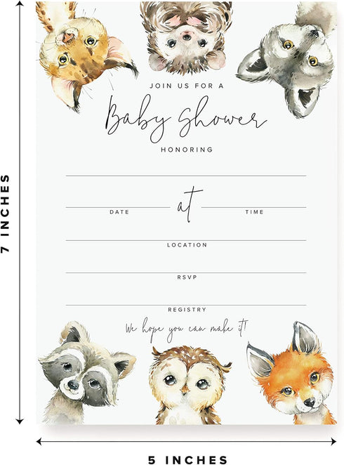 Bliss Collections 25 Baby Shower Invitations with Envelopes Woodland Animals, Forest Creatures, Fox, Owl, Racoon, Wolf, Hedgehog, Bobcat - Gender ...