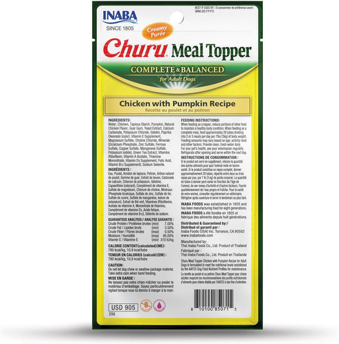 INABA Churu Meal Topper for Dogs, Complete & Balanced, Creamy, Lickable Purée Dog Food Topper, 0.5 Ounce Tube, 4 Tubes (4 per Pack) Chicken with P...