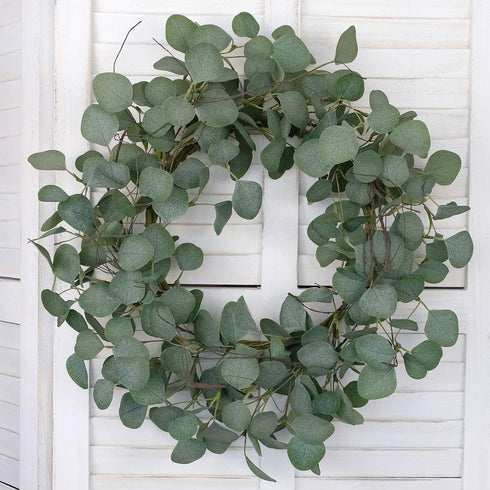 idyllic Eucalyptus Leaves Wreath Metal Polyester Fabric Paper Round Green Wreath 22 Inches for The Front Door Decor...