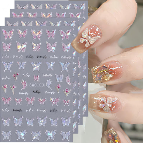 Shiny Pink Butterfly Nail Art Sticker Butterfly Nail Decals 3D Self-Adhesive Nail Art Supplies Laser Glitter Butterflies Nail Design Stickers for ...