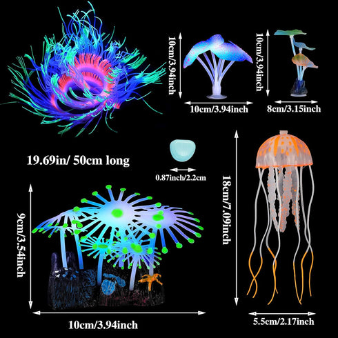 57 Pieces Glowing Fish Tank Decorations Plants with Simulation Glowing Silicone Coral Glowing Jellyfish Lotus Leaf Changeable Green Sea Anemone Lu...