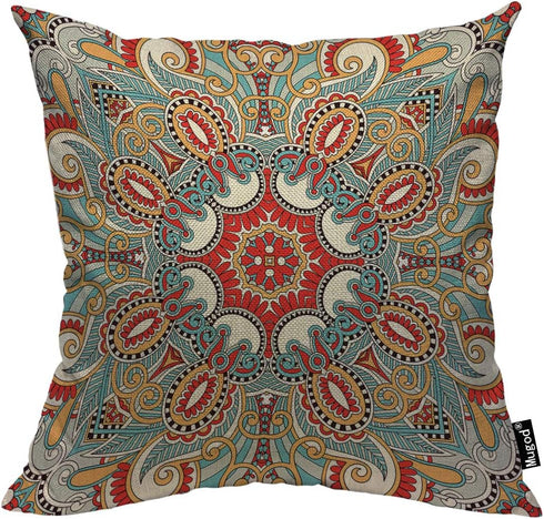 Mugod Paisley Flower Throw Pillow Cover Traditional Ethnic Floral Red Teal White Yellow Cotton Linen Square Cushion Cover Standard Pillowcase 18x1...