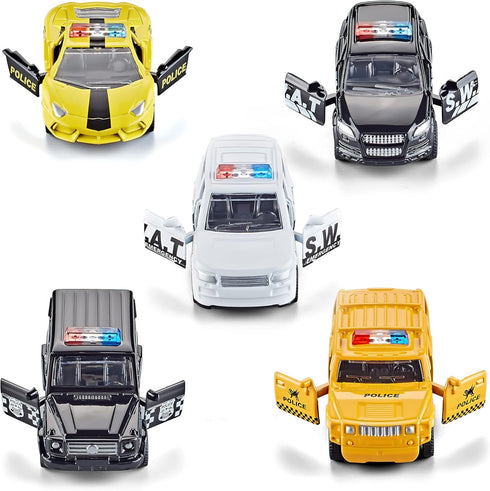 Die Cast Metal Little Toy Cars Set of 5, Openable Doors Pull Back Car Gift Pack for Kids (Police car)...