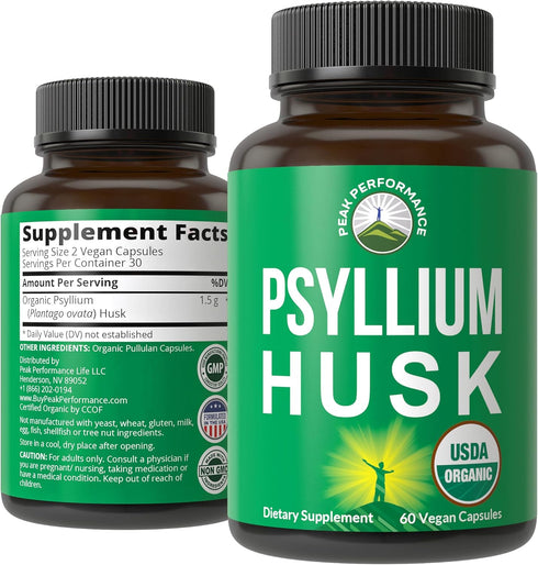 USDA Organic Psyllium Husk Vegan Capsules Made with Organic Psyllium Husk Seed. Fiber Supplement for Gut. Digestive Prebiotics. Pills for Digestio...