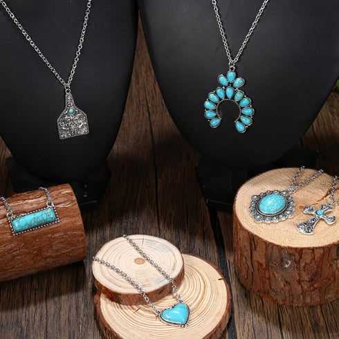 FUNRUN JEWELRY 10Pcs Western Necklaces for Women Turquoise Necklace Cow Tag Lightning Bolt Horseshoe Bar Turquoise Pendant Necklace Cowgirl Boho W...