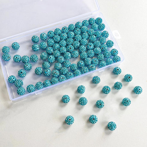 100PCS Rhinestones Beads 10mm Aquamarine Pave Disco Ball Clay Beads Polymer Clay Rhinestone Beads Crystal Diamond Beads for Bracelet Necklace Earr...