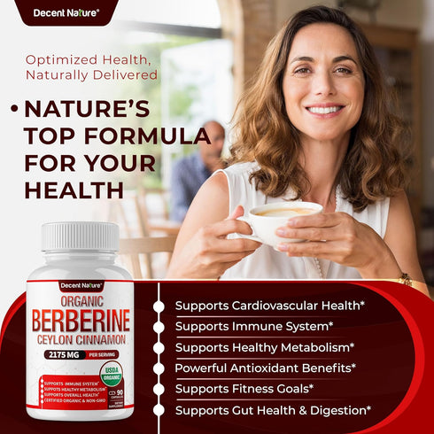 Organic Berberine with Ceylon Cinnamon 2175mg - Premium berberine supplement high purity extract USDA Organic, support immune system, Berberine Pl...