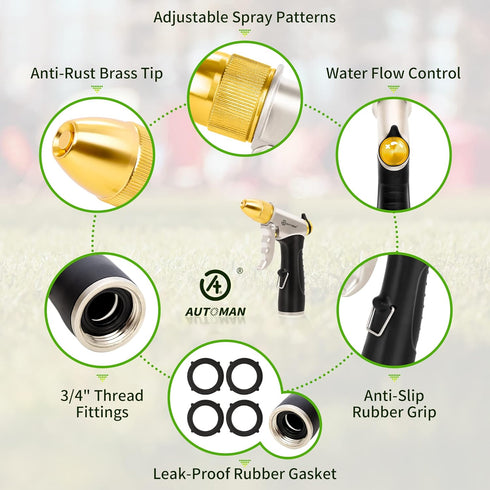 AUTOMAN Garden Nozzle Sprayer, High Pressure Spray Nozzle, 100% Metal Water Hose Nozzle, Adjustable Watering Nozzle, Heavy Duty Sprayer Garden Noz...