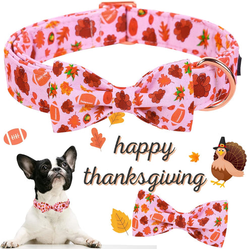 ARING PET Fall Dog Collar Bowtie, Cute Thanksgiving Turkey Dog Collar with Bow, Cotton Maple Leaf Rugby Dog Collar with Metal Buckle for Small Med...