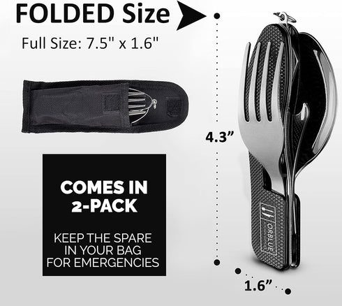 Orblue 4-in-1 Camping Utensils, 2-Pack, Portable Stainless Steel Spoon, Fork, Knife & Bottle Opener Combo Set - Travel, Backpacking Cutlery Multit...