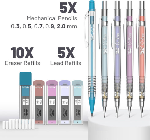 Mr. Pen- Pastel Mechanical Pencil Set with Black Lead and Eraser Refills, Clear Barrel, 0.3, 0.5, 0.7, 0.9, 2mm, Pastel Mechanical Pencils, Cute M...