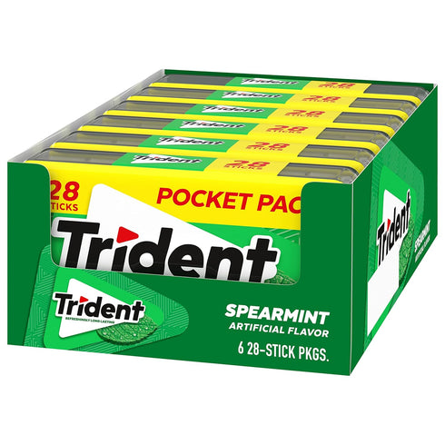 Trident Spearmint Sugar-Free Chewing Gum, 6 Pocket Packs of 28 Pieces (168 Total Pieces)...
