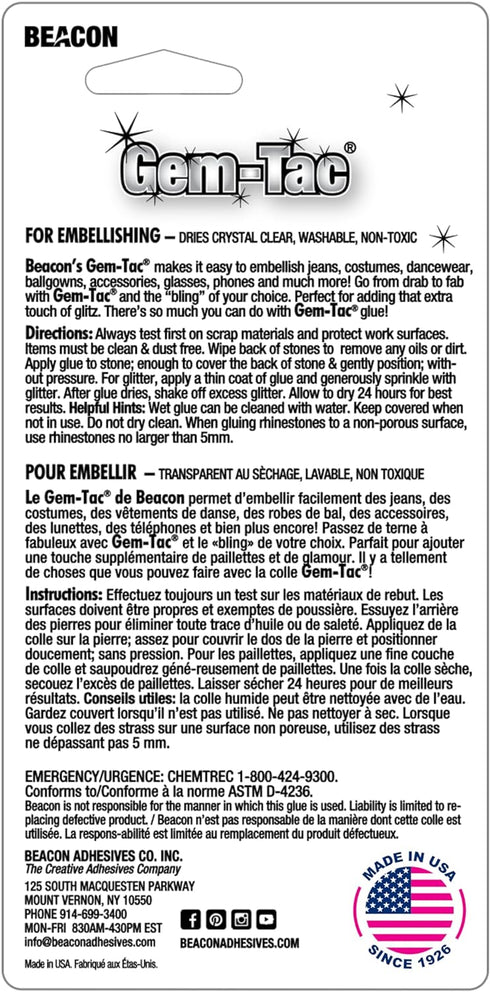 BEACON Gem-Tac Premium Quality Adhesive for Securely Bonding Rhinestones and Gems - Water-Based, UVA Resistant, 4-Ounce...