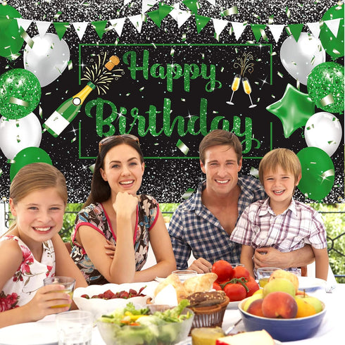 Green Silver Black Happy Birthday Banner Decorations - Champagne Glass Balloons Photo Booth Background for Men Women Party Supplies 73 x 44 Inch...