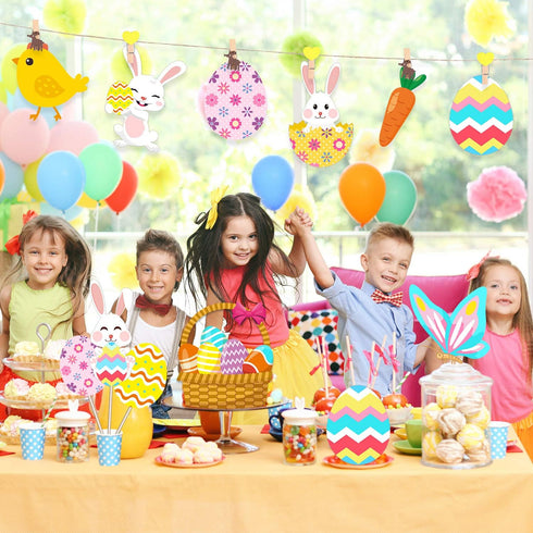 30 Pieces Happy Easter Paper Cutouts Bunny Eggs Carrot Basket Chicken Butterfly Cutouts Animals Theme Party Signs Paper Cutouts for Easter Party D...
