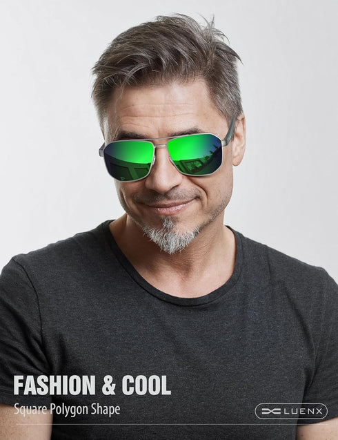 LUENX Aviator Sunglasses for Men Square Polarized Polygon Lens - UV 400 Protection with Accessories 61MM Driving Outdoor...