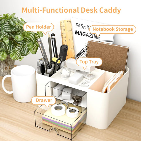 Desk Organizer with 2 Drawer, Multi-Functional Pencil Pen Holder for Desk, Plastic Desk Organizers and Storage with 5 Compartments, Desktop Organi...