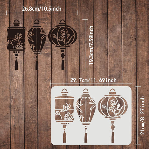 FINGERINSPIRE 3 Shapes Chinese Lantern Stencil 11.7x8.3 inch Oriental Lantern Stencil with Lotus Bamboo Leaves Magnolia Flower Patterns, Flexible ...