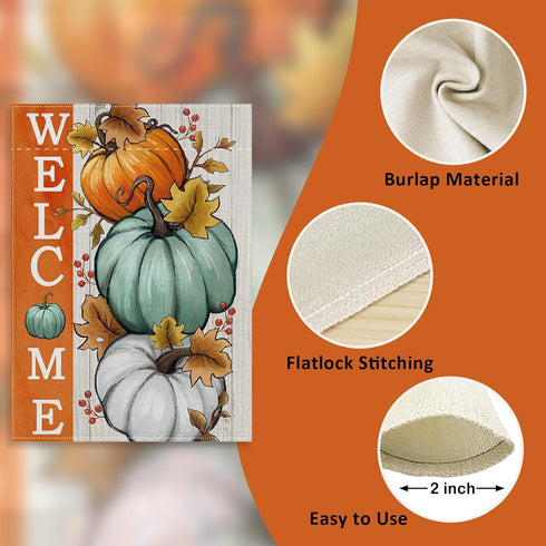 Welcome Fall Pumpkins Decorative Garden Flag, Autumn White Teal Pumpkin Farmhouse Yard Outside Decorations, Thanksgiving Seasonal Burlap Outdoor S...