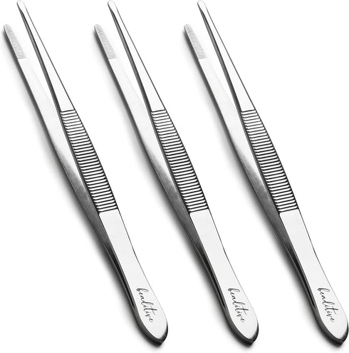Beaditive 5.5-inch Sewing Machine Tweezers Set (3-pc) Serrated Straight Tips | Professional Grade, High Precision | Stainless Steel...