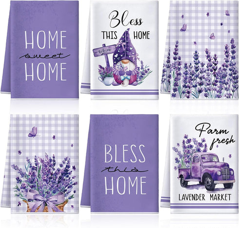 6 Pcs Spring Lavender Kitchen Towel Set Spring Dish Towel Funny Housewife Farmhouse Rustic Bath Hand Towel for Spring Holiday Bathroom Gift, 24 x ...