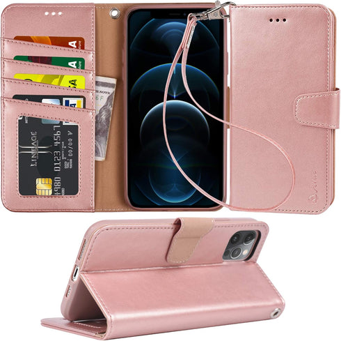 Arae Case for iPhone 12 Pro Max Wallet Case Flip Cover with Card Holder and Wrist Strap for iPhone 12 Pro Max 6.7 inch (Rose Gold)...