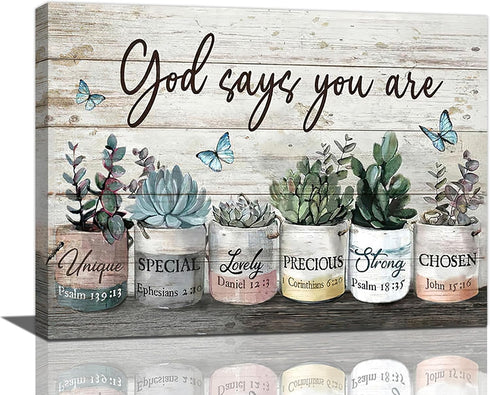 Farmhouse Bathroom Succulent Canvas Wall Art Rustic Succulent Plants Pictures Wall Decor God Says You Are Christian Bible Verse Painting Prints Co...