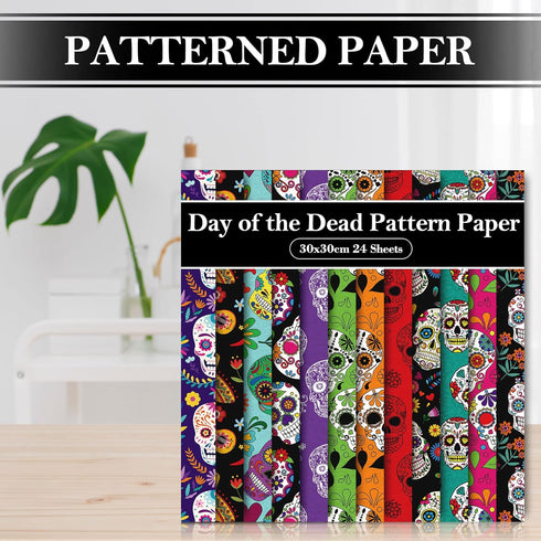 Whaline 24Pcs Day of the Dead Pattern Paper 30x30cm Scary Skeleton Scrapbook Paper Double-Sided Halloween Craft Paper Folded Flat for Card Making ...