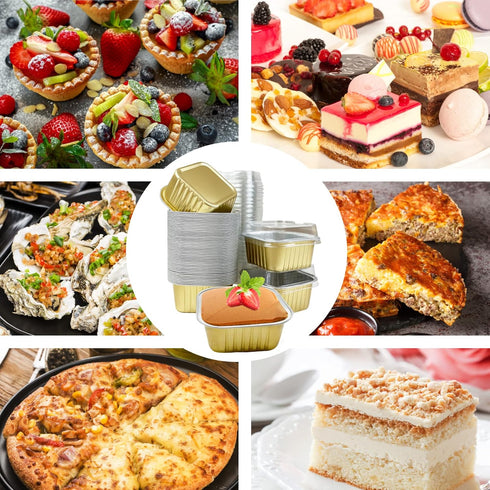 50 Pcs Aluminum Foil Mini Square Baking Cups with Lids,5oz Disposable Ramekins Cake Pans,Cupcake Baking Cups Containers for Bread Muffin Brownie C...