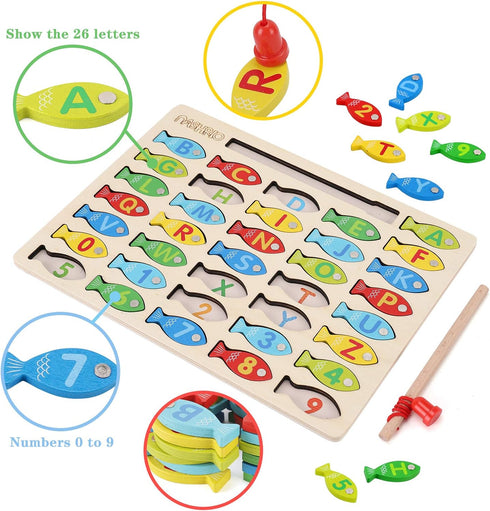 Magnetic Wooden Fishing Game Toy for Toddlers, Alphabet Fish Catching Counting Games Puzzle with Numbers and Letters, Preschool Learning ABC Math ...