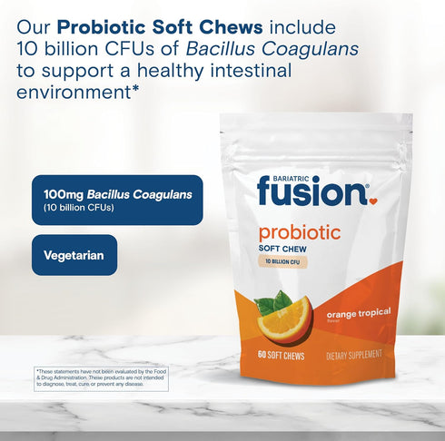Bariatric Fusion Bariatric Probiotic Soft Chews | Orange Tropical Flavor Chewy Bariatric Vitamin | Bacillus Coagulans 10 Billion CFU Chewable Prob...