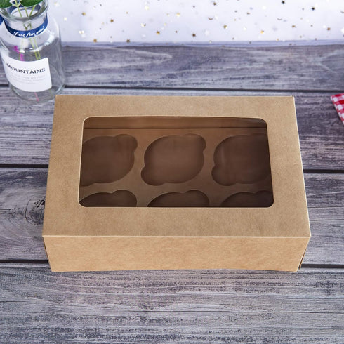 ONE MORE Cupcake Boxes with Inserts 6 Holders,9.5x6.3x3inch Large Brown Kraft Standard Bakery Boxes with Window Food Grade Cake Carrier Container ...