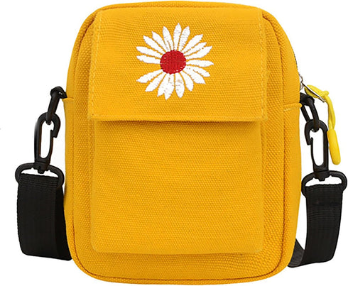 Daisy Flower Stylish Yellow Mini Cotton Canvas Crossbody Bag with Daisy Embroidery...