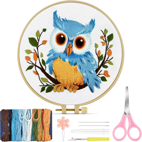 TINDTOP Embroidery Kit for Beginners Adult, Owl Embroidery Kit for Beginners Include Embroidery Cloth Hoops Threads for Craft Lover Hand Stitch wi...