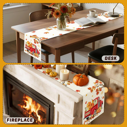 Bonsai Tree Fall Table Runner, Fall Runner for Table 13 x 72 Inch, Autumn Pumpkin Red Truck Runners for Home Kitchen Dining Decoration...