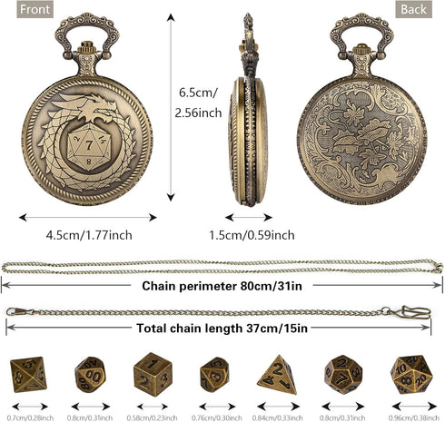 Mini DND Dice Set Steampunk Dragon Bronze Pocket Watch Shell Case, 7pcs Polyhedral Metal D&D Dice Set, DND Gifts with Gift Box for Men Player, Rol...
