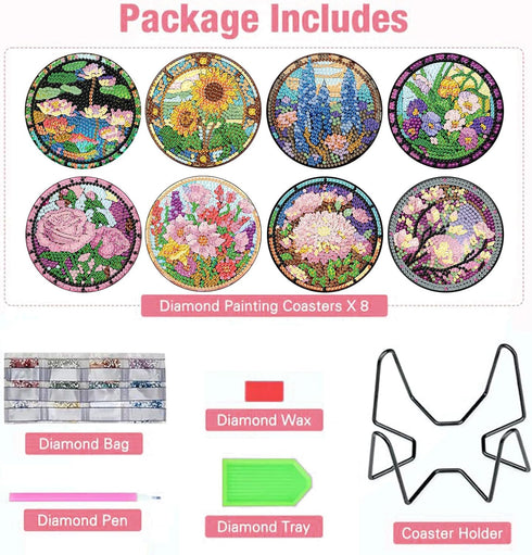 8 PCS Diamond Art Coasters-Flower Diamond Painting Coasters Kits with Holder,DIY Flowers Coasters Kit for Beginners Adults Art Craft Supplies Gift...