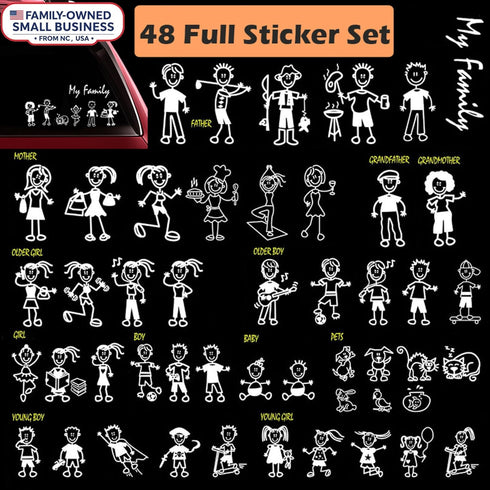 TOTOMO 48 Stick Figure My Family Car Stickers with Pet Dog Cat Fish Rabbit Bird Family Car Decal Sticker for Windows Bumper...
