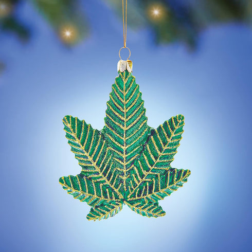 Kurt S. Adler Collections Etc Sparkling Green Glass Cannabis Leaf Christmas Ornament...