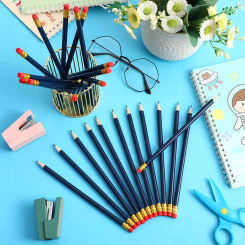 24 Pieces Round Pencils HB Graphite Pencils Wood Pencils with Eraser Cute Pencil Pack for School Drawing Sketching Wedding Office Supplies (Blue)...