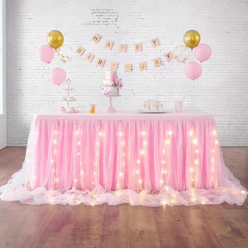 leegleri Pink Tulle Table Skirt for Baby Shower,6FT Pink Ruffle Tutu Table Skirt with LED Light for Princess Girls Birthday Party Cake Dessert Tab...